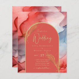 LeahG Coral Navy Blue Gold INK Wedding INVITE