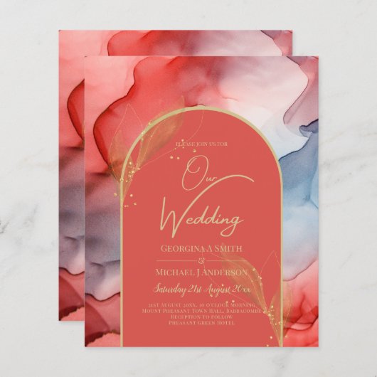 LeahG Coral Navy Blue Gold INK Wedding INVITE (Vorne/Hinten)
