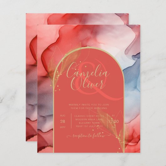 LeahG Coral Navy Blue Gold INK Wedding INVITE (Vorne/Hinten)