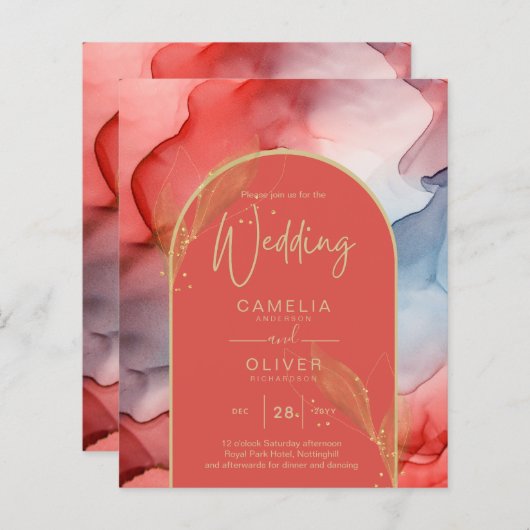 LeahG Coral Navy Blue Gold INK Wedding INVITE (Vorne/Hinten)