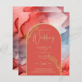 LeahG Coral Navy Blue Gold INK Wedding INVITE