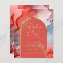 LeahG Coral Navy Blue Gold INK Wedding INVITE