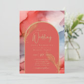 LeahG Coral Navy Blue Gold INK Wedding INVITE Einladung (Stehend Vorderseite)