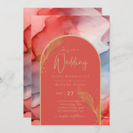 LeahG Coral Navy Blue Gold INK Wedding INVITE Einladung