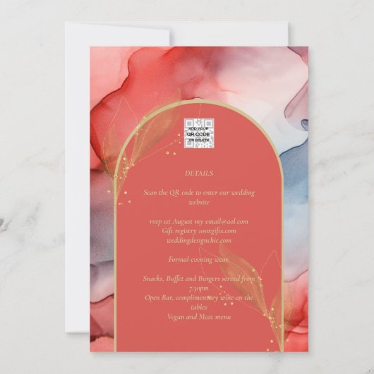 LeahG Coral Navy Blue Gold INK Wedding INVITE Einladung (Rückseite)