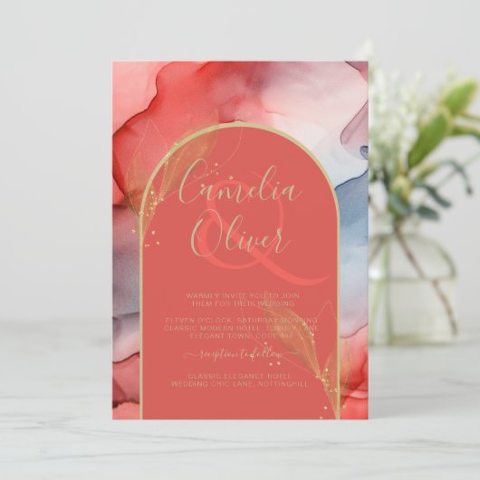 LeahG Coral Navy Blue Gold INK Wedding INVITE Einladung (Stehend Vorderseite)