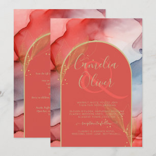 LeahG Coral Navy Blue Gold INK Wedding INVITE Einladung