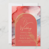 LeahG Coral Navy Blue Gold INK Wedding INVITE Einladung (Vorderseite)