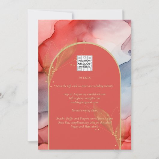 LeahG Coral Navy Blue Gold INK Wedding INVITE Einladung (Rückseite)