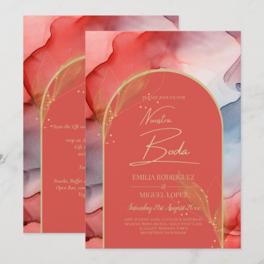 LeahG Coral Navy Blue Gold INK Wedding INVITE Einladung (Vorne/Hinten)