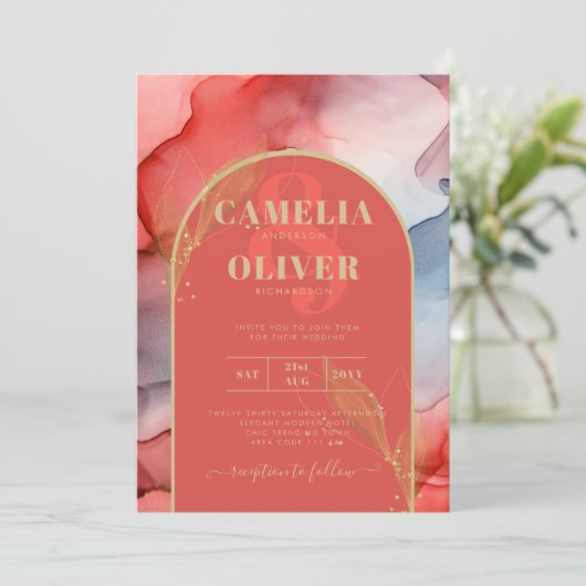 LeahG Coral Navy Blue Gold INK Wedding INVITE Einladung (Stehend Vorderseite)