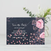 LeahG Denim Blue Rosegold Pink Floral Wedding (Stehend Vorderseite)