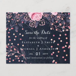 LeahG Denim Blue Rosegold Pink Floral Wedding Flyer