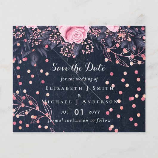 LeahG Denim Blue Rosegold Pink Floral Wedding Flyer (Vorne)