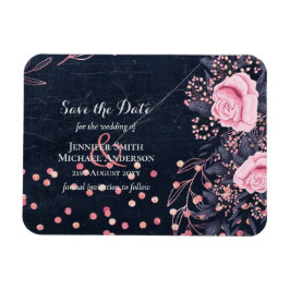 LeahG Denim Blue Rosegold Pink Floral Wedding Magnet