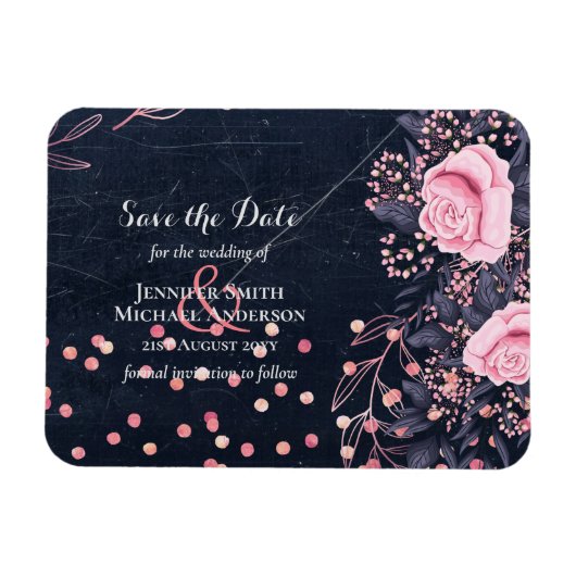 LeahG Denim Blue Rosegold Pink Floral Wedding Magnet (Horizontal)