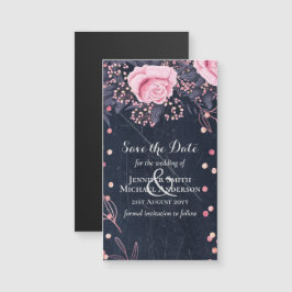 LeahG Denim Blue Rosegold Pink Floral Wedding Magnetkarte