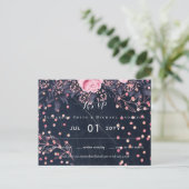 LeahG Denim Blue Rosegold Pink Floral Wedding Postkarte (Stehend Vorderseite)