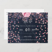 LeahG Denim Blue Rosegold Pink Floral Wedding Postkarte (Vorne/Hinten)