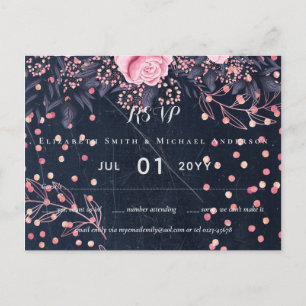 LeahG Denim Blue Rosegold Pink Floral Wedding Postkarte