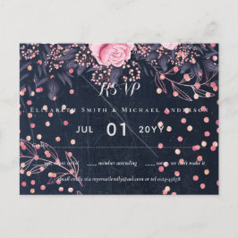 LeahG Denim Blue Rosegold Pink Floral Wedding Postkarte