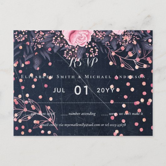 LeahG Denim Blue Rosegold Pink Floral Wedding Postkarte (Vorderseite)
