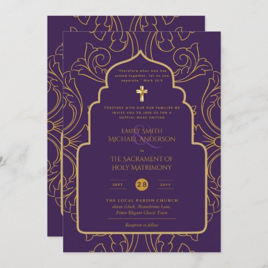 LeahG Elegante Lila-katholische Hochzeit Einladung (Vorne/Hinten)