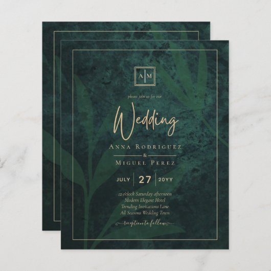 LeahG Emerald Forest Green Gold Wedding Einladung (Vorne/Hinten)
