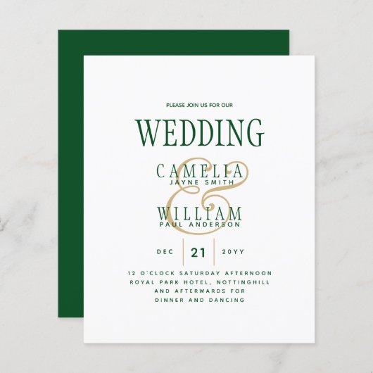 LeahG Emerald Green Gold Modern Wedding Einladung (Vorne/Hinten)