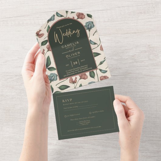 LeahG Emerald Green Terracotta Gold Hochzeit im He All In One Einladung (Abreißen)