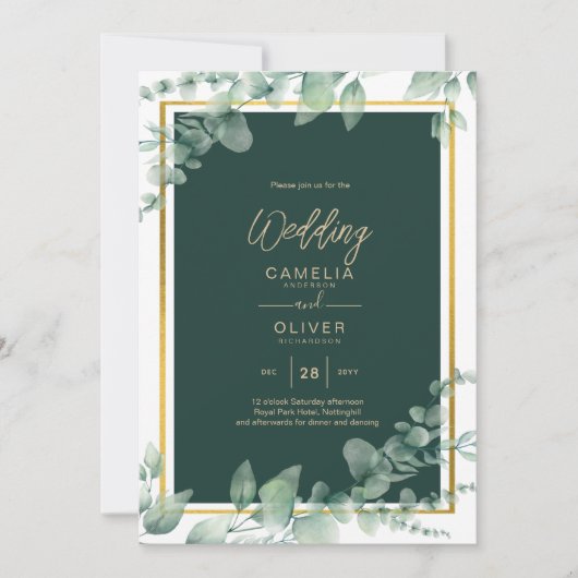 LeahG Eucalyptus Greenery Gold WEDDING QR CODE Einladung (Vorderseite)