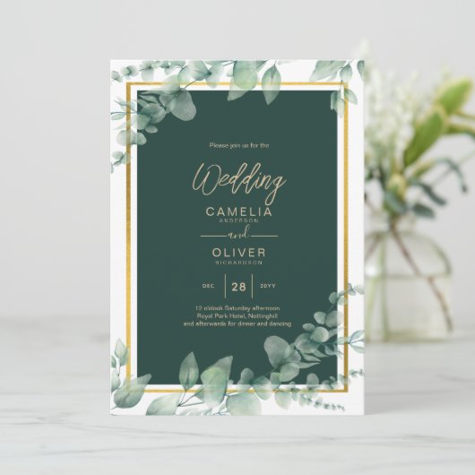LeahG Eucalyptus Greenery Gold WEDDING QR CODE Einladung (Stehend Vorderseite)