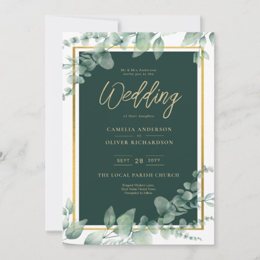 LeahG Eucalyptus Greenery Gold WEDDING QR CODE Einladung (Vorderseite)