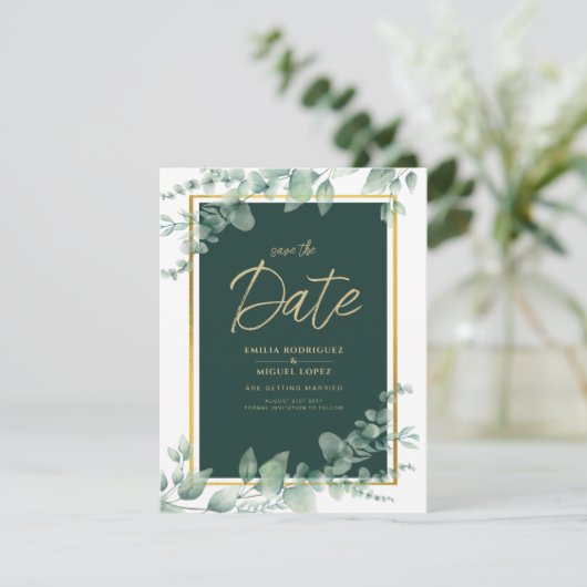LeahG Eucalyptus Greenery Gold WEDDING QR CODE Einladung (Stehend Vorderseite)