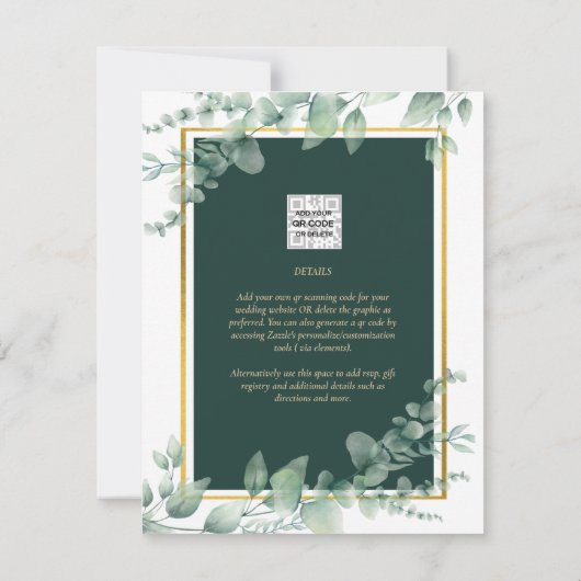 LeahG Eucalyptus Greenery Gold WEDDING QR CODE Einladung (Rückseite)