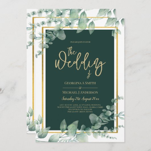 LeahG Eucalyptus Greenery Gold WEDDING QR CODE Einladung (Vorne/Hinten)
