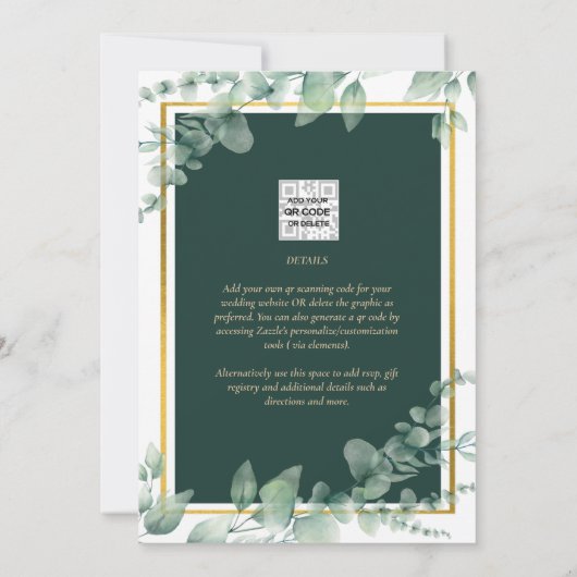 LeahG Eucalyptus Greenery Gold WEDDING QR CODE Einladung (Rückseite)