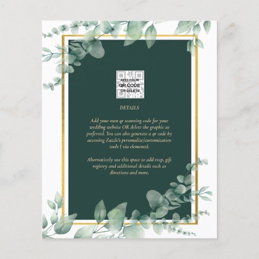 LeahG Eucalyptus Greenery Gold WEDDING QR CODE Flyer (Hinten)