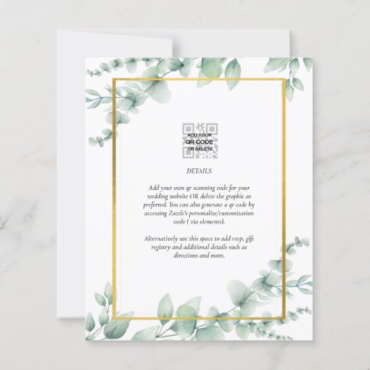 LeahG Eucalyptus Greenery Gold WEDDING QR CODE Inv (Rückseite)