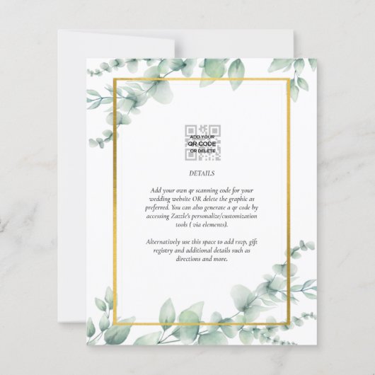 LeahG Eucalyptus Greenery Gold WEDDING QR CODE Inv (Rückseite)