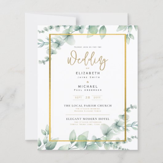 LeahG Eucalyptus Greenery Gold WEDDING QR CODE Inv (Vorderseite)