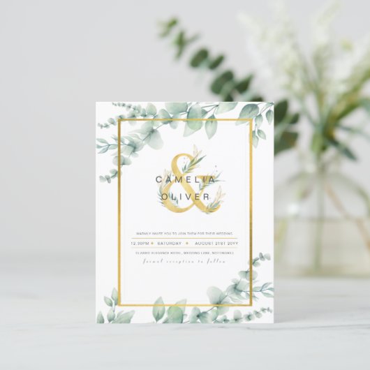 LeahG Eucalyptus Greenery Gold WEDDING QR CODE Inv (Stehend Vorderseite)