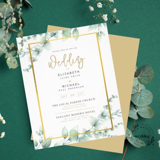 LeahG Eucalyptus Greenery Gold WEDDING QR CODE Inv