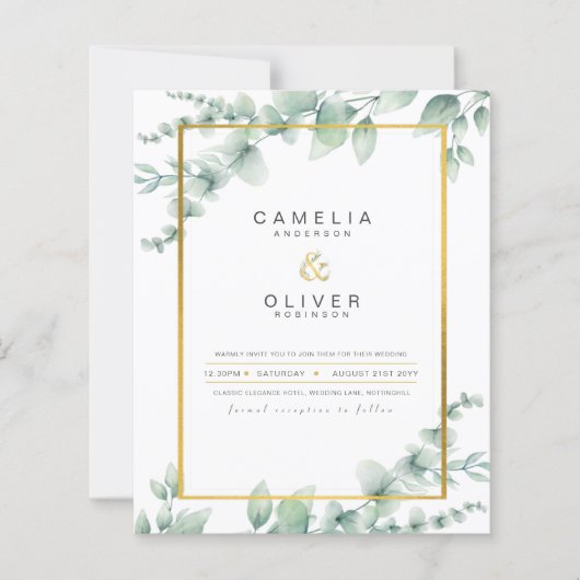 LeahG Eucalyptus Greenery Gold WEDDING QR CODE Inv (Vorderseite)