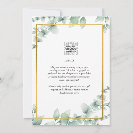 LeahG Eucalyptus Greenery Gold WEDDING QR CODE Inv Einladung (Rückseite)