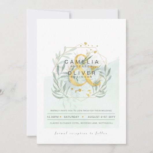 LeahG Eucalyptus Greenery Gold Wedding QR CODE INV Einladung (Vorderseite)