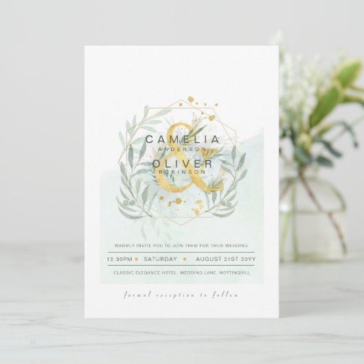 LeahG Eucalyptus Greenery Gold Wedding QR CODE INV Einladung (Stehend Vorderseite)