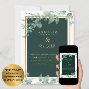 LeahG Eucalyptus Greenery Gold WEDDING QR CODE Inv Einladung
