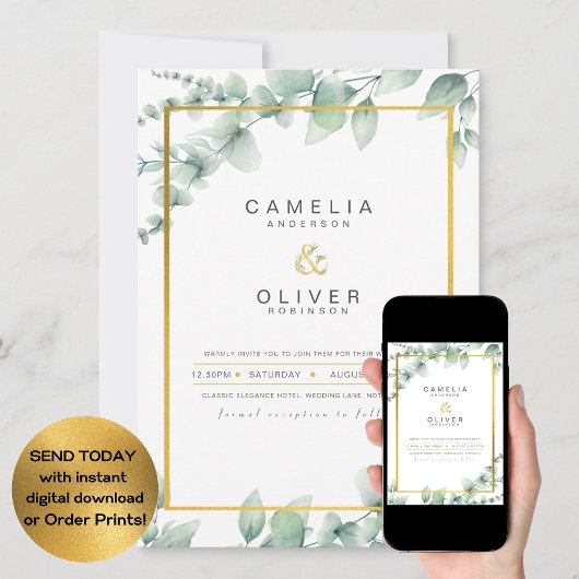 LeahG Eucalyptus Greenery Gold WEDDING QR CODE Inv Einladung