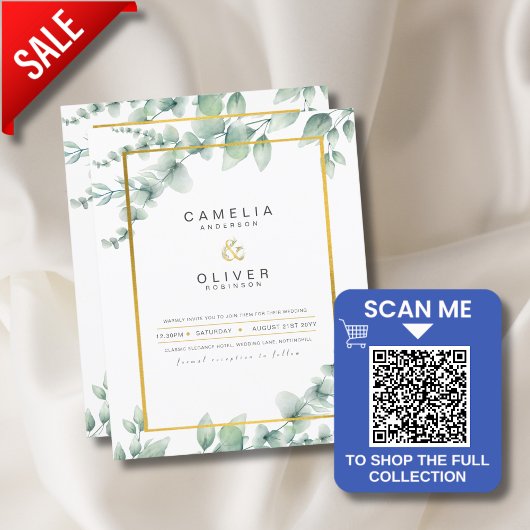LeahG Eucalyptus Greenery Gold WEDDING QR CODE Inv Einladung